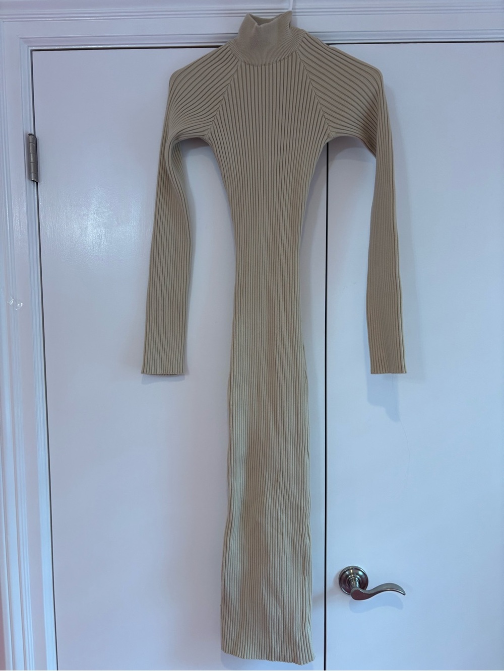 Ribbed Turtleneck Long Sleeve Maxi Dress - Cream